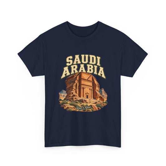 Front view of the Saudi Arabia Fresh Prints T-shirt in Navy, featuring cream collegiate lettering and warm sandstone rock-cut architecture.