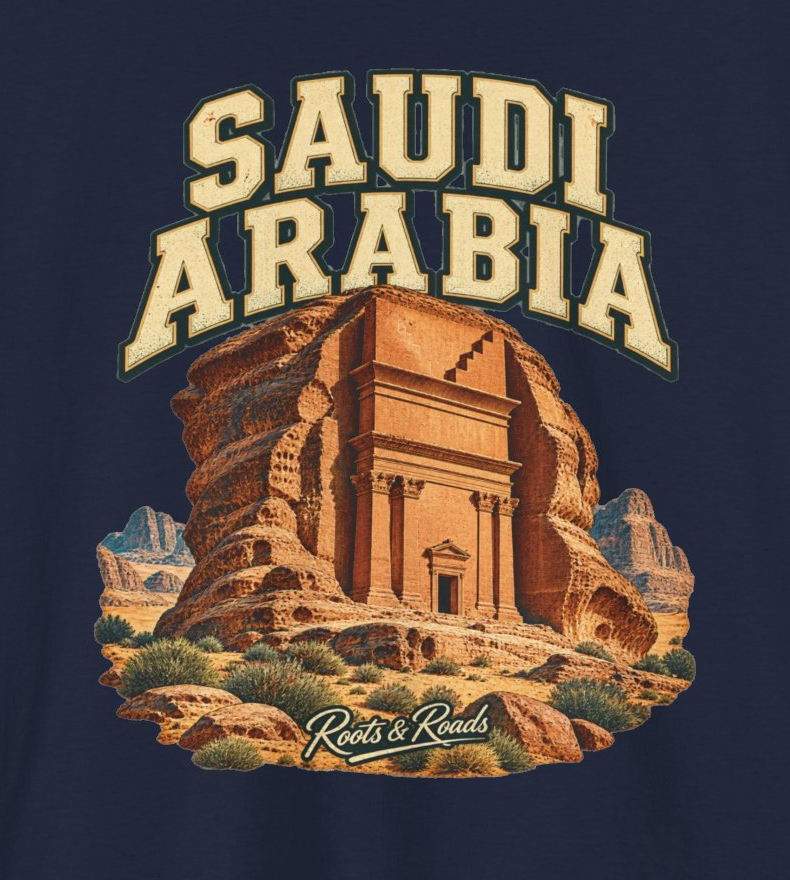Close-up of the Saudi Arabia design showing cream collegiate lettering, Hegra-inspired sandstone architecture and the Roots & Roads signature.
