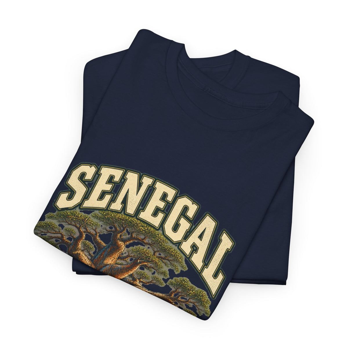 Folded Navy Senegal Fresh Prints T-shirt with cream country lettering and the baobab illustration visible.