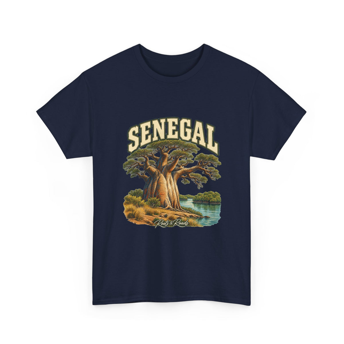 Front view of the Senegal Fresh Prints T-shirt in Navy, featuring cream collegiate lettering, a baobab and waterside landscape.