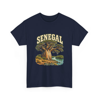 Front view of the Senegal Fresh Prints T-shirt in Navy, featuring cream collegiate lettering, a baobab and waterside landscape.