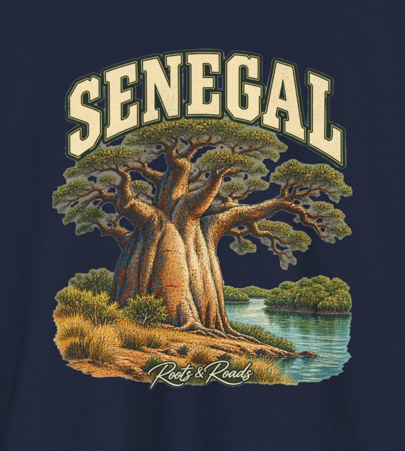 Close-up of the Senegal design showing cream lettering, a baobab, a waterside landscape and the Roots & Roads signature.