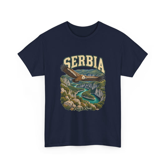 Front view of the Serbia Fresh Prints T-shirt in Navy, featuring cream collegiate lettering and a griffon vulture above a winding canyon river.