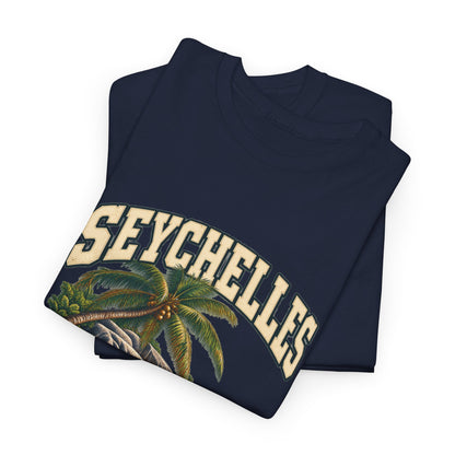 Folded Navy Seychelles Fresh Prints T-shirt with cream country lettering and the palm illustration visible.