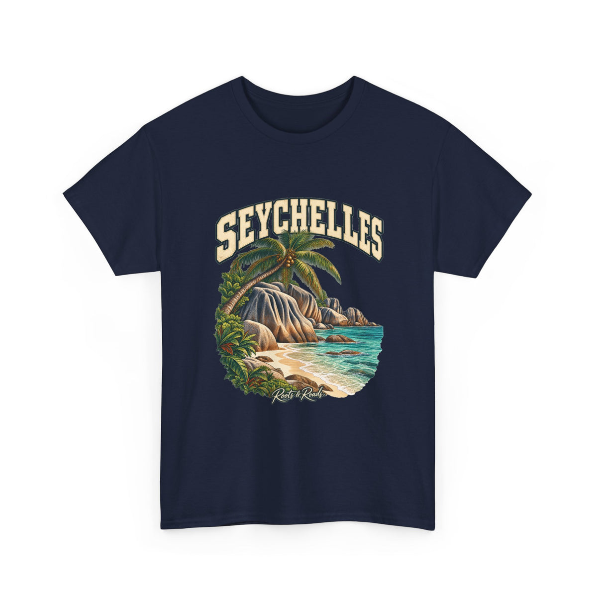 Front view of the Seychelles Fresh Prints T-shirt in Navy, featuring cream collegiate lettering, granite coastal rocks, palms and turquoise water.
