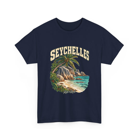 Front view of the Seychelles Fresh Prints T-shirt in Navy, featuring cream collegiate lettering, granite coastal rocks, palms and turquoise water.