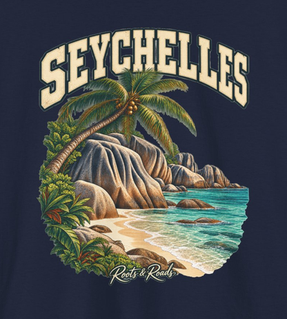 Close-up of the Seychelles design showing cream lettering, sculpted granite, palms, turquoise water and the Roots & Roads signature.