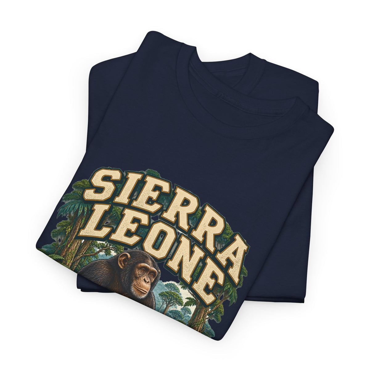 Folded Navy Sierra Leone Fresh Prints T-shirt with cream country lettering and the wildlife illustration visible.