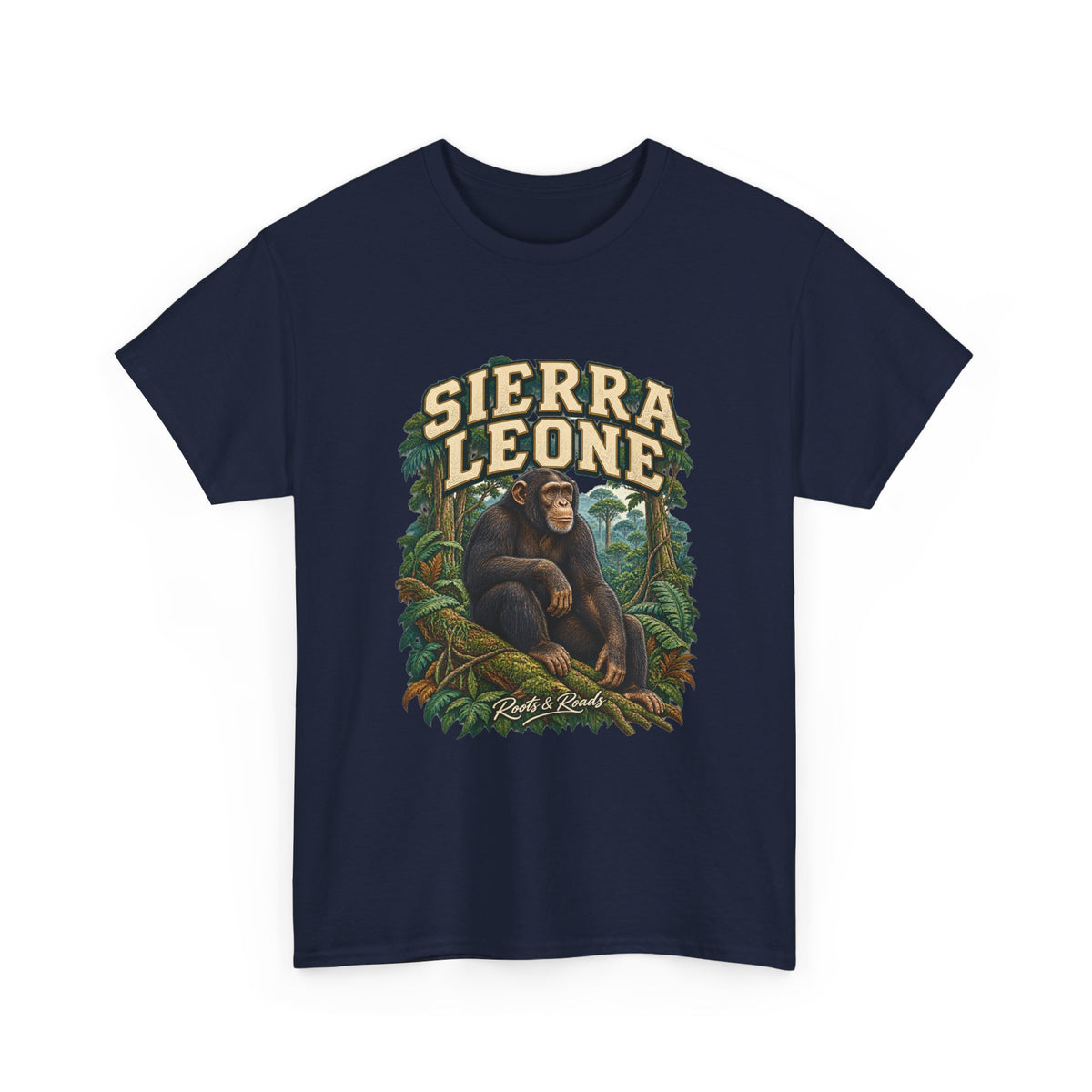 Front view of the Sierra Leone Fresh Prints T-shirt in Navy, featuring cream collegiate lettering and a chimpanzee in a forest setting.