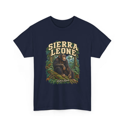 Front view of the Sierra Leone Fresh Prints T-shirt in Navy, featuring cream collegiate lettering and a chimpanzee in a forest setting.