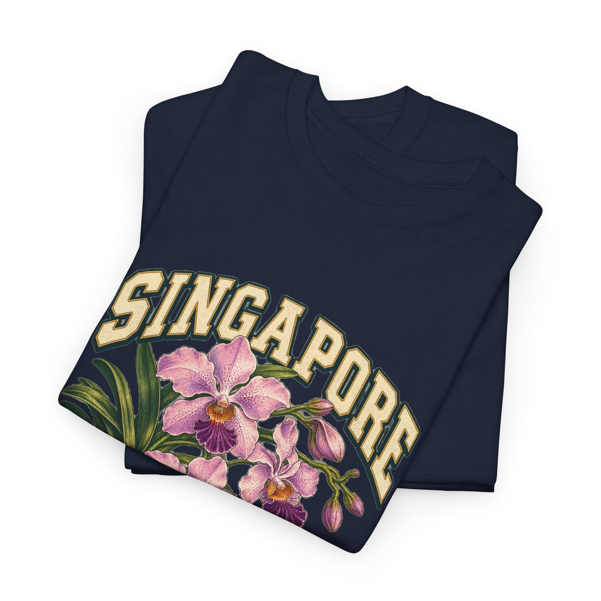 Folded Navy Singapore Fresh Prints T-shirt with cream country lettering and pink orchids visible.