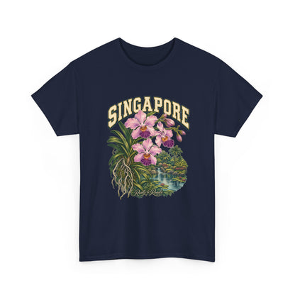 Front view of the Singapore Fresh Prints T-shirt in Navy, featuring cream collegiate lettering, pink orchids and a green waterside garden.