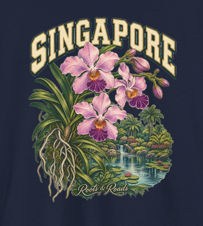 Close-up of the Singapore design showing cream lettering, pink orchids, green leaves, garden water and the Roots & Roads signature.