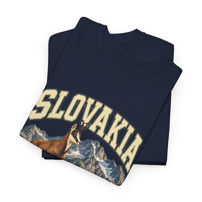 Folded Navy Slovakia Fresh Prints T-shirt with cream country lettering, a chamois and mountain peaks visible.