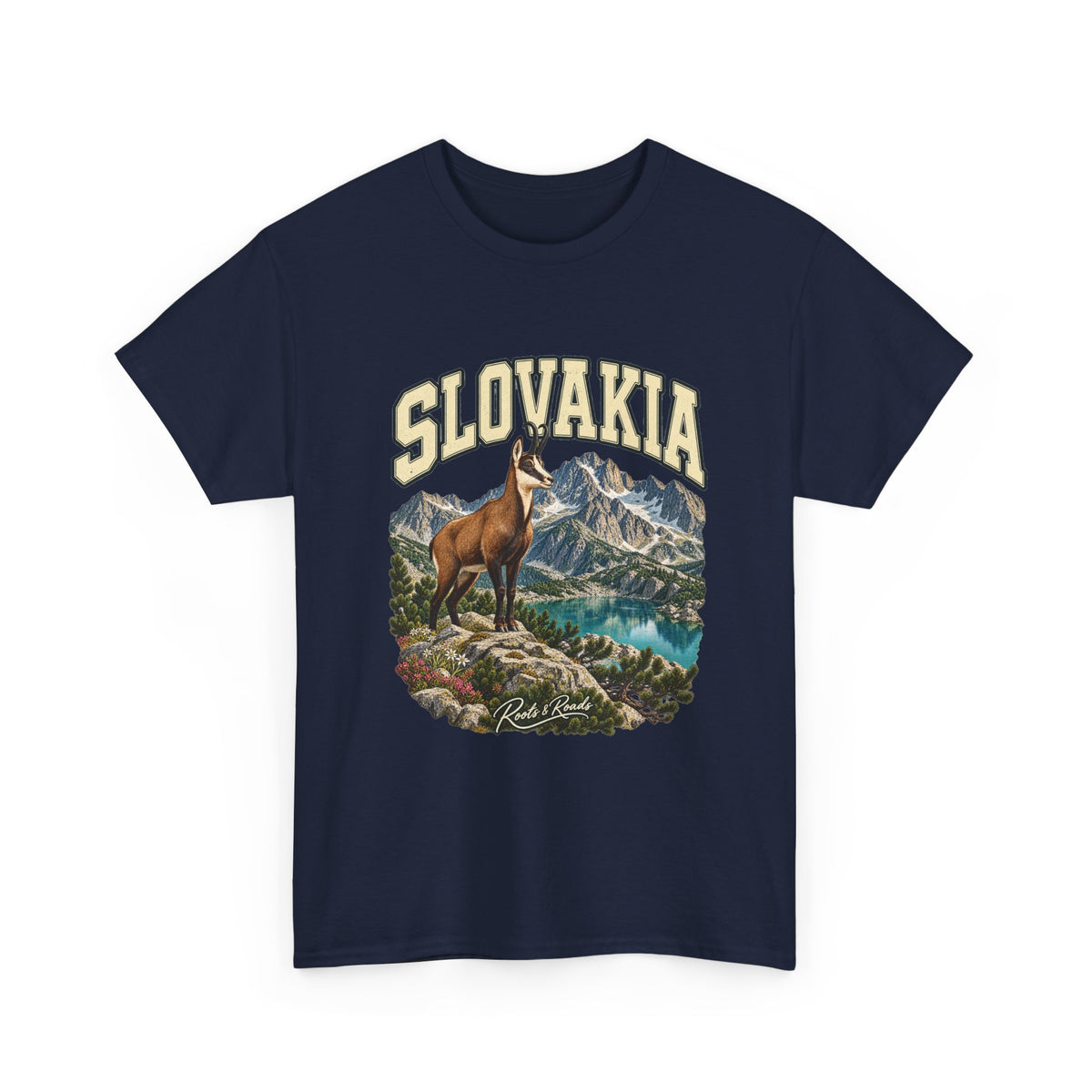 Front view of the Slovakia Fresh Prints T-shirt in Navy, featuring cream collegiate lettering, a chamois and an alpine mountain lake.
