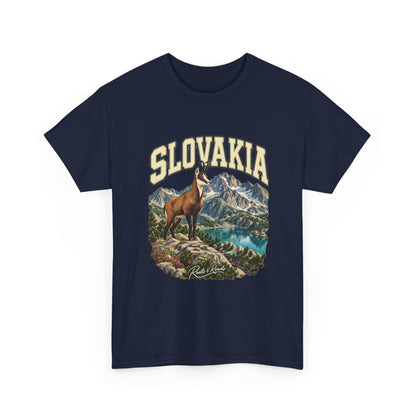 Front view of the Slovakia Fresh Prints T-shirt in Navy, featuring cream collegiate lettering, a chamois and an alpine mountain lake.