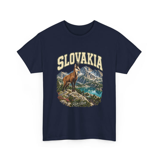 Front view of the Slovakia Fresh Prints T-shirt in Navy, featuring cream collegiate lettering, a chamois and an alpine mountain lake.