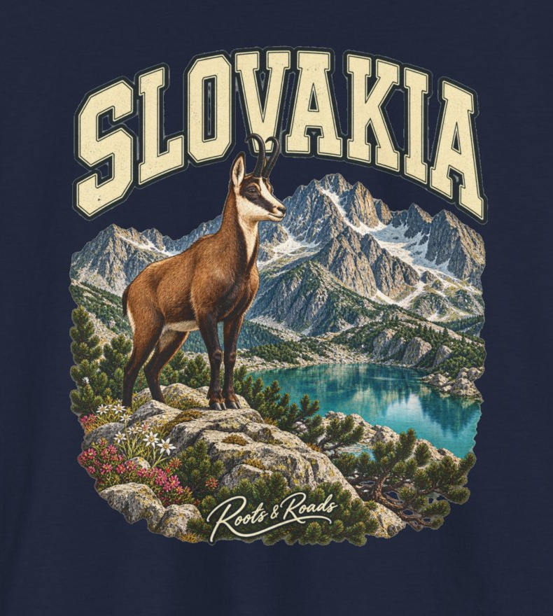 Close-up of the Slovakia design showing cream lettering, a chamois, alpine peaks, a lake and the Roots & Roads signature.