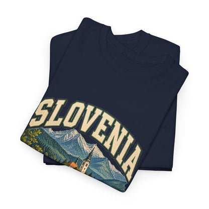 Folded Navy Slovenia Fresh Prints T-shirt with cream country lettering and alpine scenery visible.