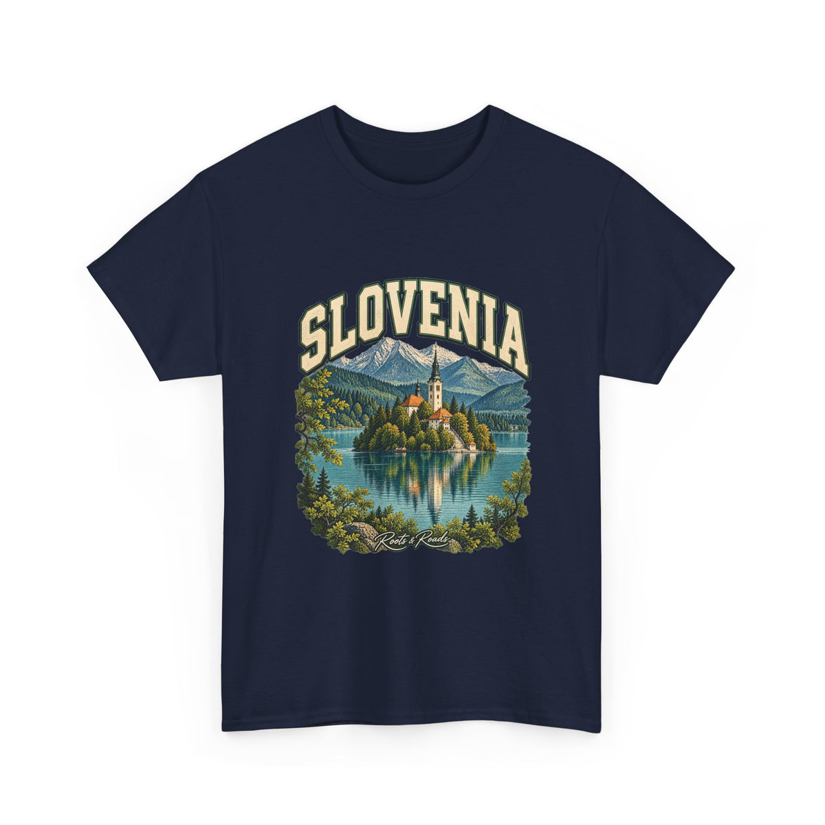 Front view of the Slovenia Fresh Prints T-shirt in Navy, featuring cream collegiate lettering, an island church, lake reflection and mountain scenery.