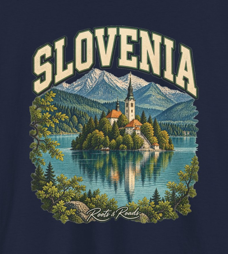Close-up of the Slovenia design showing cream lettering, an island church, lake reflection, alpine peaks and the Roots & Roads signature.