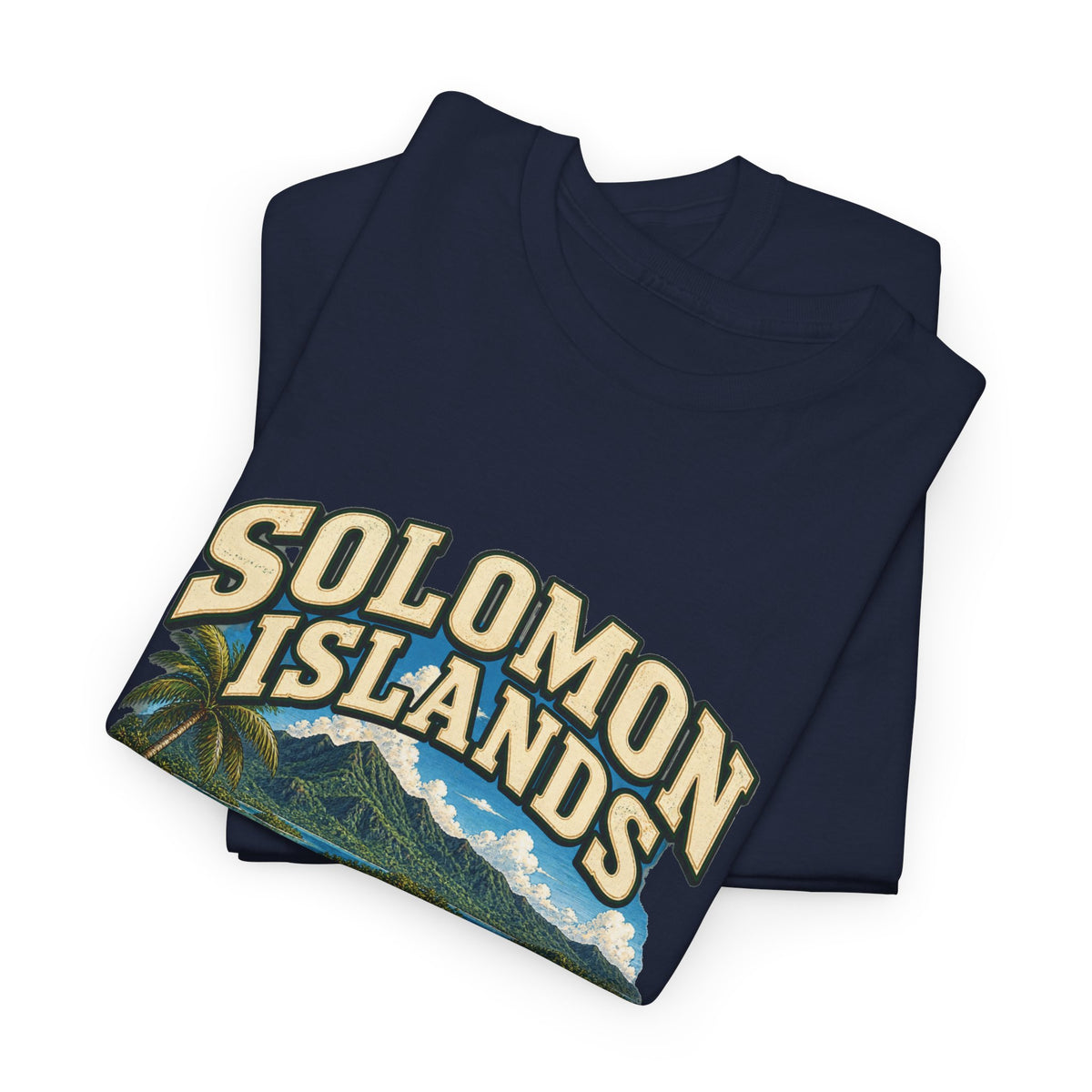 Folded Navy Solomon Islands Fresh Prints T-shirt showing cream country lettering and tropical island scenery.