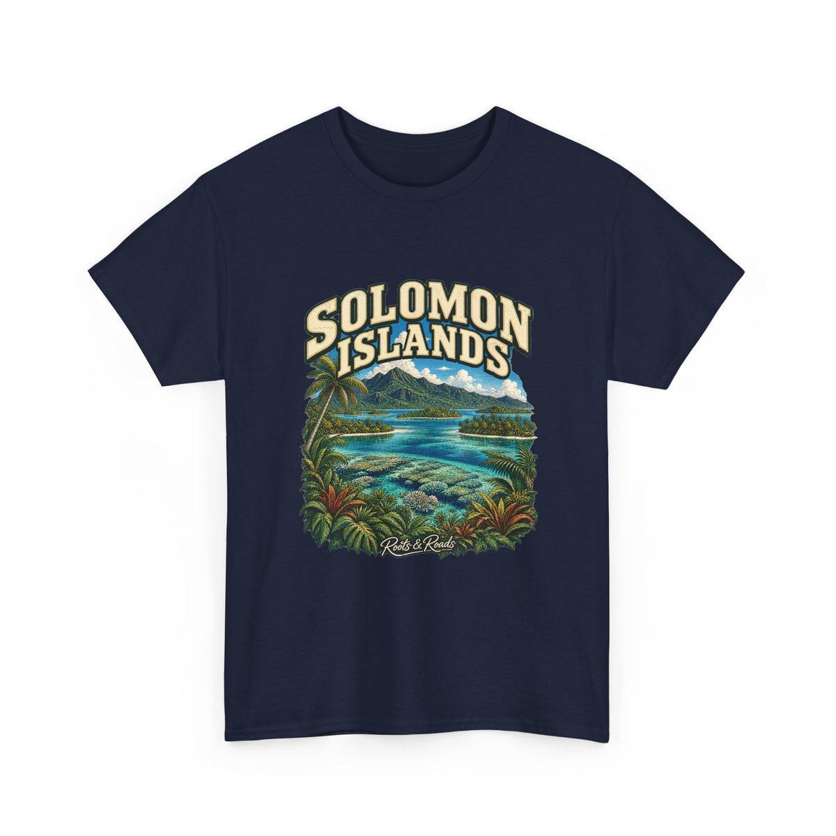 Front view of the Solomon Islands Fresh Prints T-shirt in Navy, with cream two-line country lettering, tropical islands, a lagoon, coral and foliage.