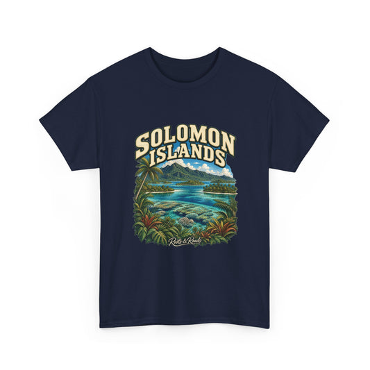 Front view of the Solomon Islands Fresh Prints T-shirt in Navy, with cream two-line country lettering, tropical islands, a lagoon, coral and foliage.