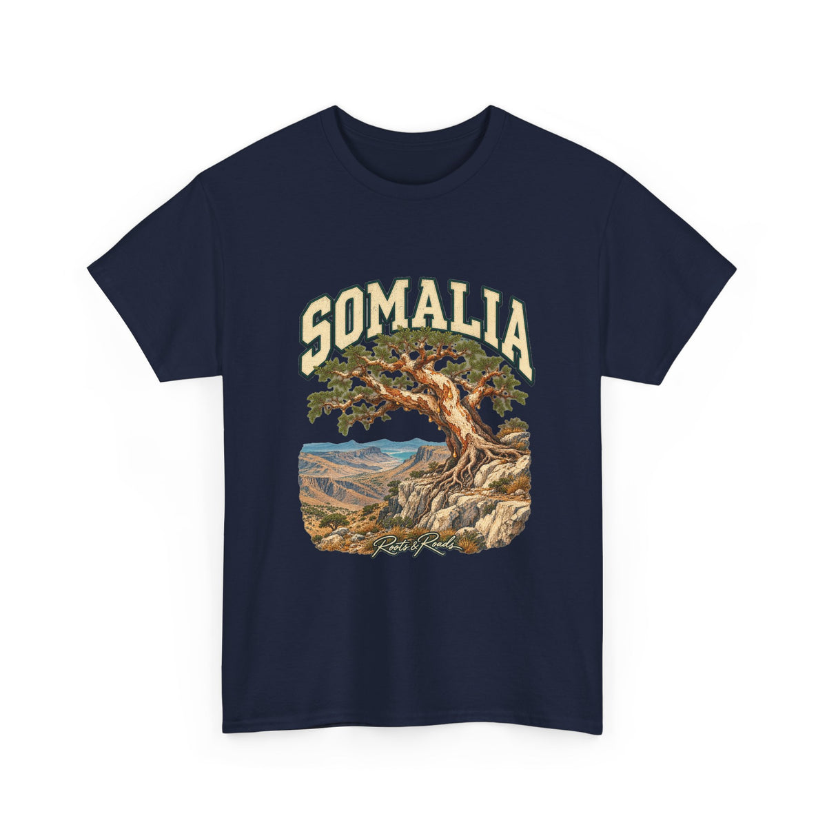 Front view of the Somalia Fresh Prints T-shirt in Navy, featuring cream collegiate lettering, a gnarled tree and ochre rocky cliffs.