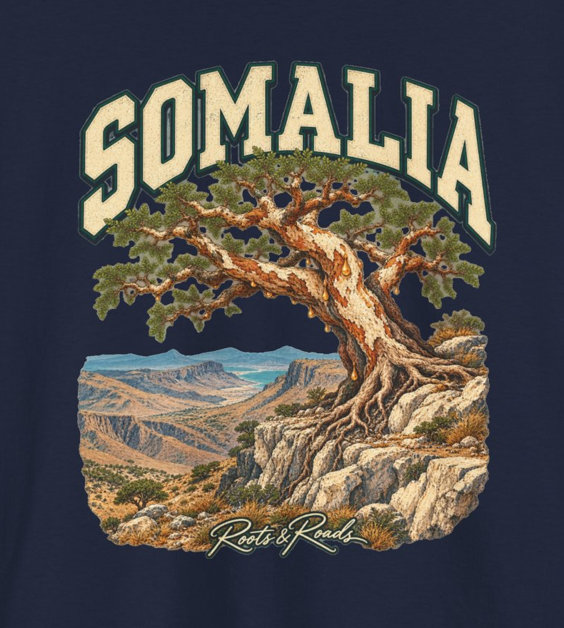 Close-up of the Somalia design showing cream lettering, branching tree roots, ochre rock formations and the Roots & Roads signature.
