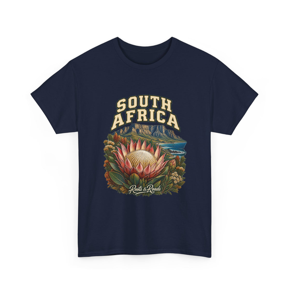Front view of the South Africa Fresh Prints T-shirt in Navy, featuring cream country lettering, a pink protea, coastal mountains and foliage.