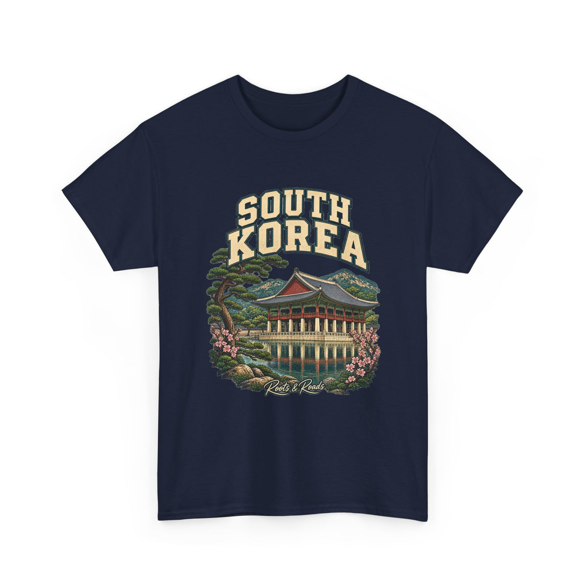 Front view of the South Korea Fresh Prints T-shirt in Navy, with cream country lettering, a lakeside pavilion, pine branches and pink blossoms.