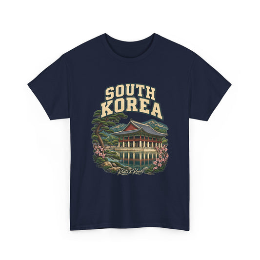 Front view of the South Korea Fresh Prints T-shirt in Navy, with cream country lettering, a lakeside pavilion, pine branches and pink blossoms.
