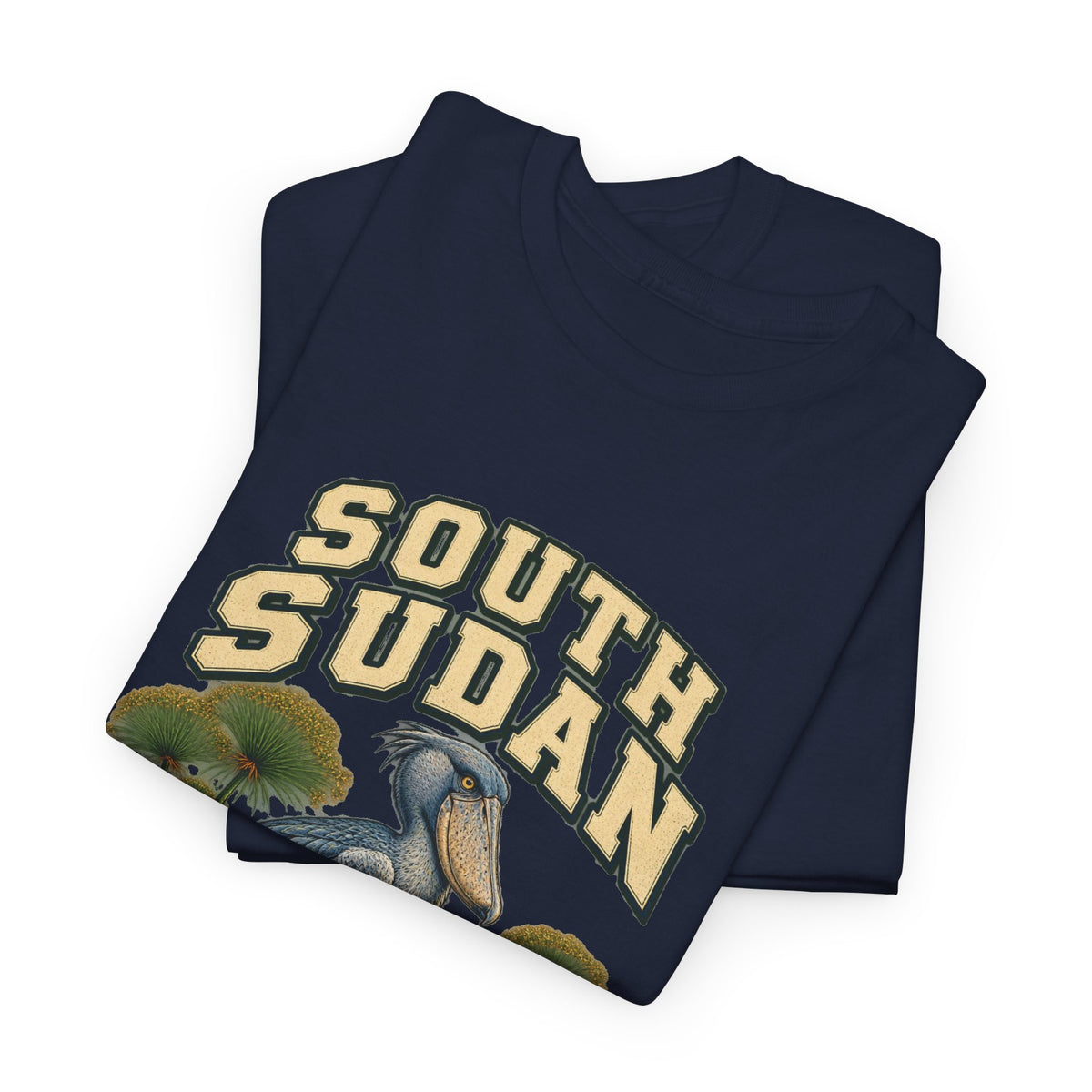 Folded Navy South Sudan Fresh Prints T-shirt showing cream country lettering and shoebill details.