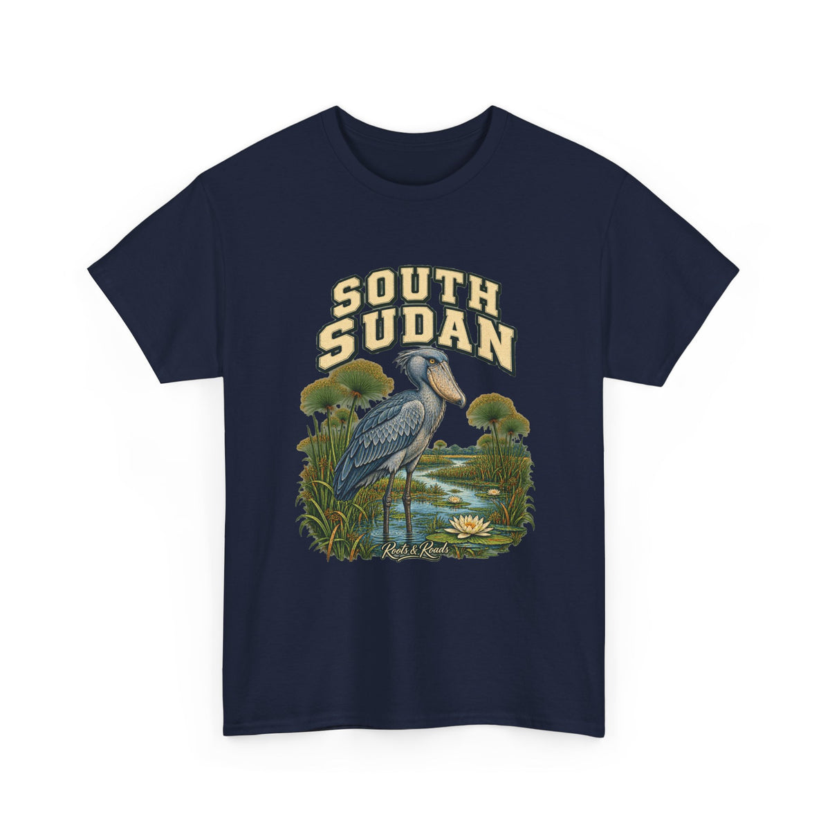 Front view of the South Sudan Fresh Prints T-shirt in Navy, featuring cream country lettering, a shoebill, papyrus and wetland water.