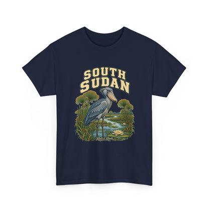 Front view of the South Sudan Fresh Prints T-shirt in Navy, featuring cream country lettering, a shoebill, papyrus and wetland water.