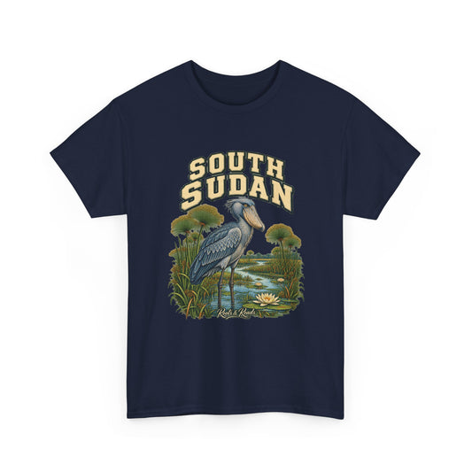 Front view of the South Sudan Fresh Prints T-shirt in Navy, featuring cream country lettering, a shoebill, papyrus and wetland water.