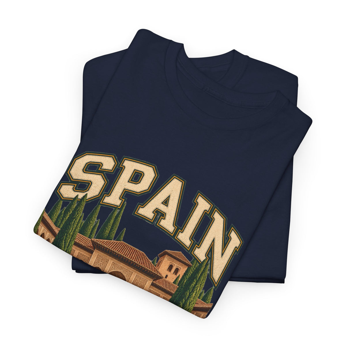 Folded Navy Spain Fresh Prints T-shirt showing its original country artwork.