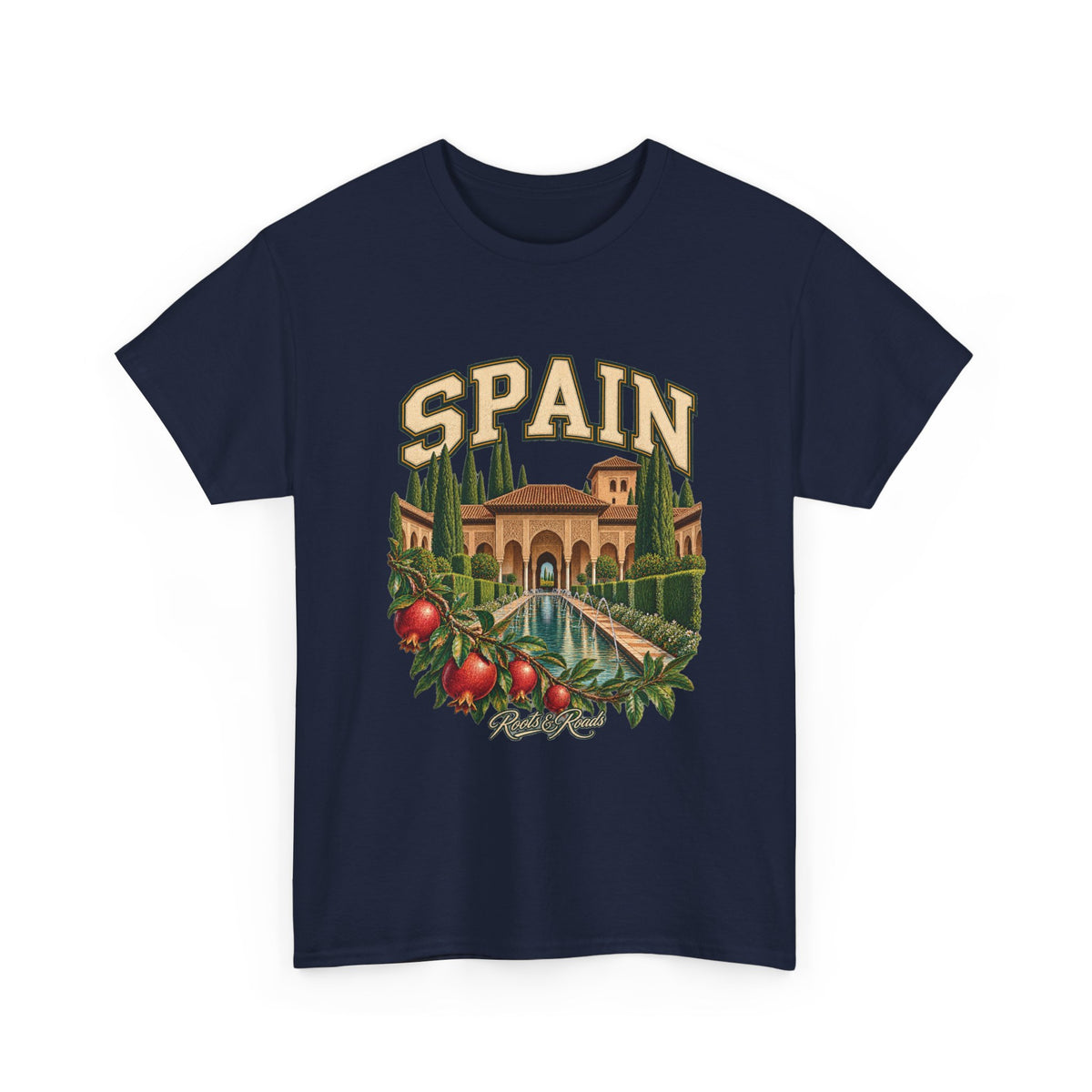 Front view of a Navy Gildan 5000 T-shirt with SPAIN lettering, courtyard water channel, cypress and pomegranate, and Roots & Roads script.