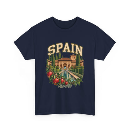 Front view of a Navy Gildan 5000 T-shirt with SPAIN lettering, courtyard water channel, cypress and pomegranate, and Roots & Roads script.
