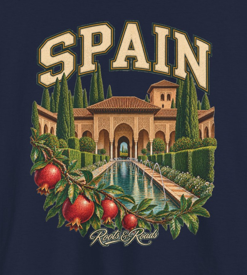 Print detail of the Spain artwork on the Navy supplier T-shirt mockup.