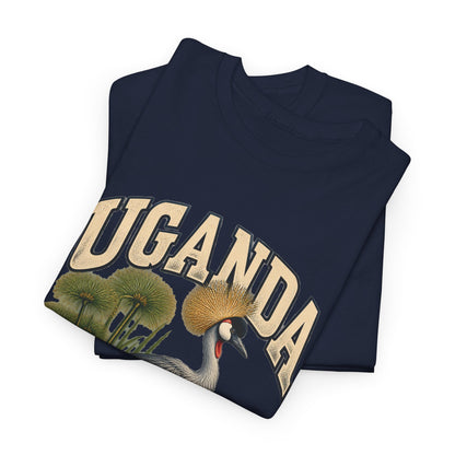 Folded navy Uganda Fresh Prints T-shirt showing cream country lettering and the crowned-crane artwork.
