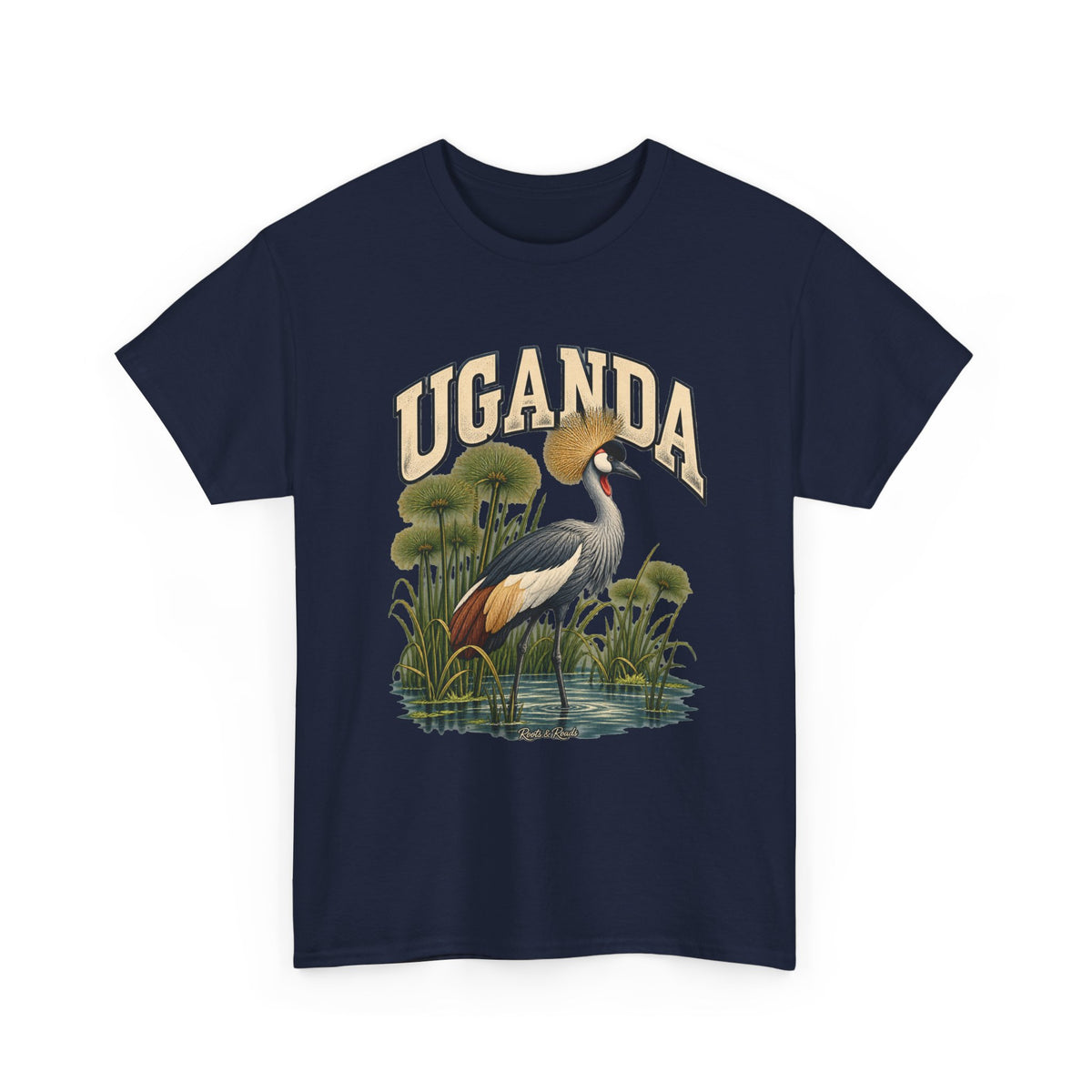 Front view of a navy Gildan 5000 Uganda T-shirt with cream UGANDA lettering, a crowned crane, papyrus wetland illustration and Roots & Roads script.