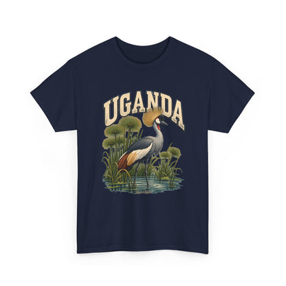 Front view of a navy Gildan 5000 Uganda T-shirt with cream UGANDA lettering, a crowned crane, papyrus wetland illustration and Roots & Roads script.