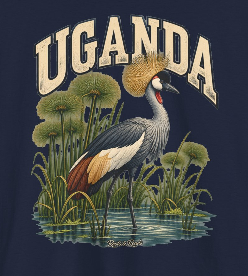 Close view of UGANDA lettering, a grey crowned crane with golden crest, papyrus, water and Roots & Roads signature on navy.