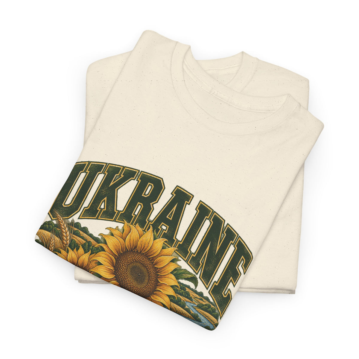 Folded Natural Ukraine Fresh Prints T-shirt showing dark green country lettering and golden sunflower artwork.