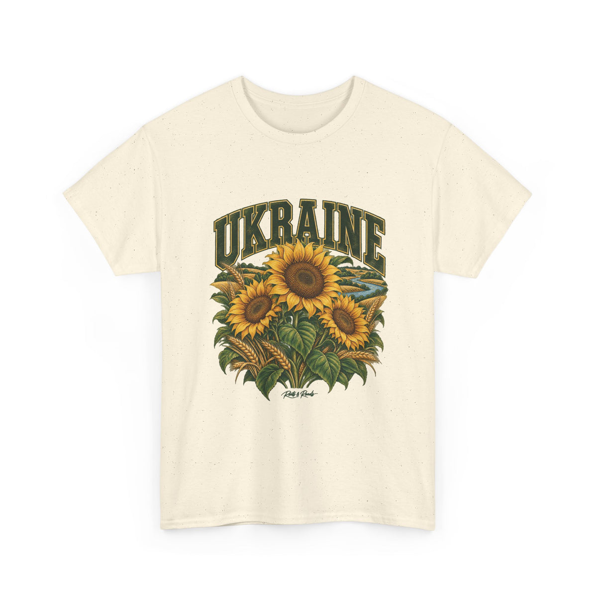 Front view of a Natural Gildan 5000 Ukraine T-shirt with dark green UKRAINE lettering, golden sunflowers, wheat, green leaves, a winding river and Roots & Roads script.