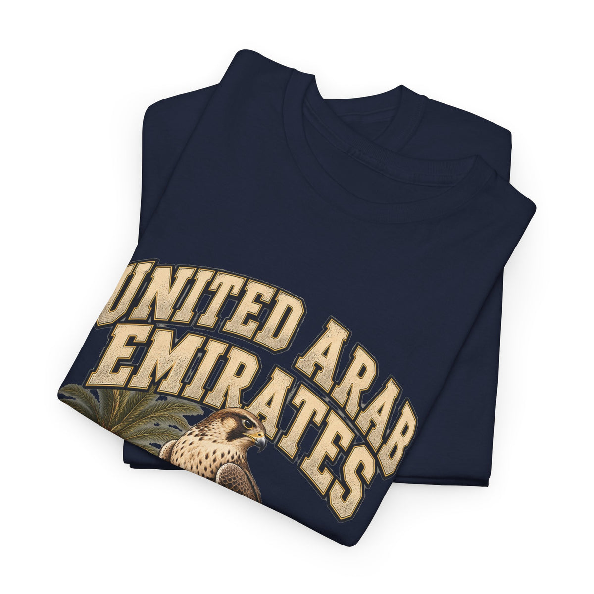 Folded navy United Arab Emirates Fresh Prints T-shirt displaying cream country lettering and falcon artwork.