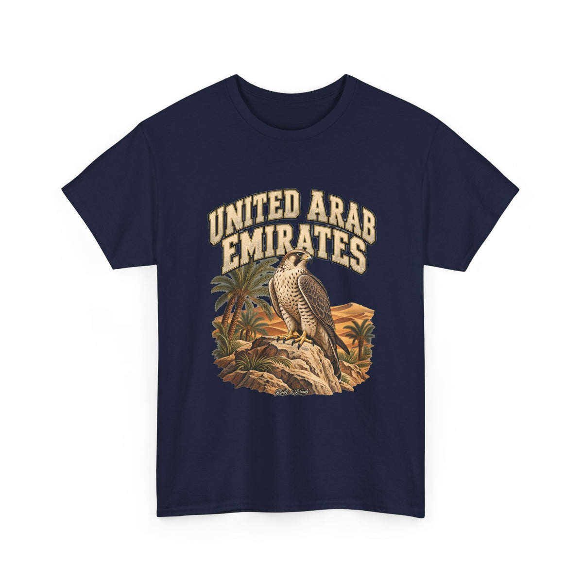 Front view of a navy Gildan 5000 United Arab Emirates T-shirt with cream lettering, falcon, palms, rocky desert and Roots & Roads signature.