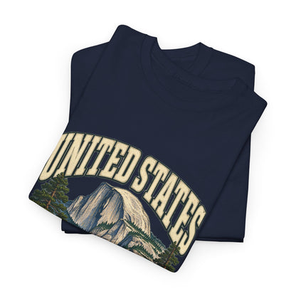 Folded navy United States Fresh Prints T-shirt showing cream country lettering and the granite mountain illustration.